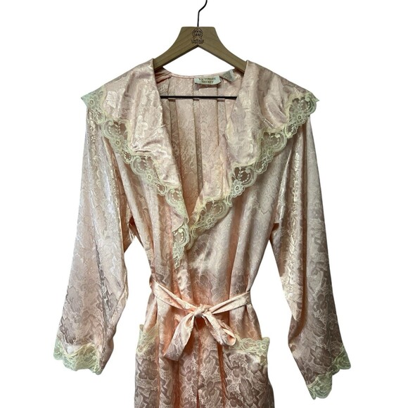 VICTORIA'S SECRET Vintage 90s Gold Label Long Satin Robe Belted Peach Lace M/L - Picture 2 of 14